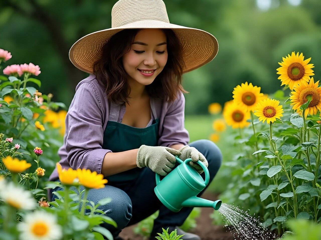 Person gently watering young plants in a garden, promoting mindfulness and growth.