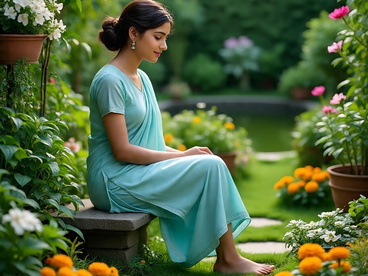 A tranquil garden path surrounded by lush greenery, with a person peacefully seated among the plants, reflecting calm and mindfulness.