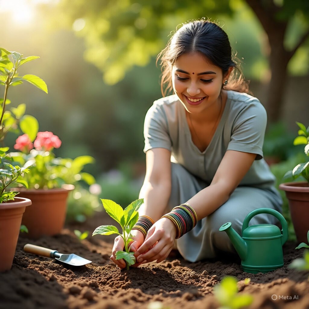 Indian woman planting herbs in a lush home garden, practicing therapeutic gardening for mental wellness