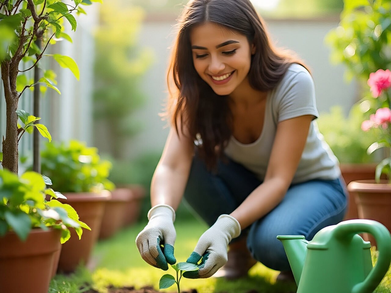 Smiling Indian lady tending to potted plants in her home garden, promoting mental wellness through nature