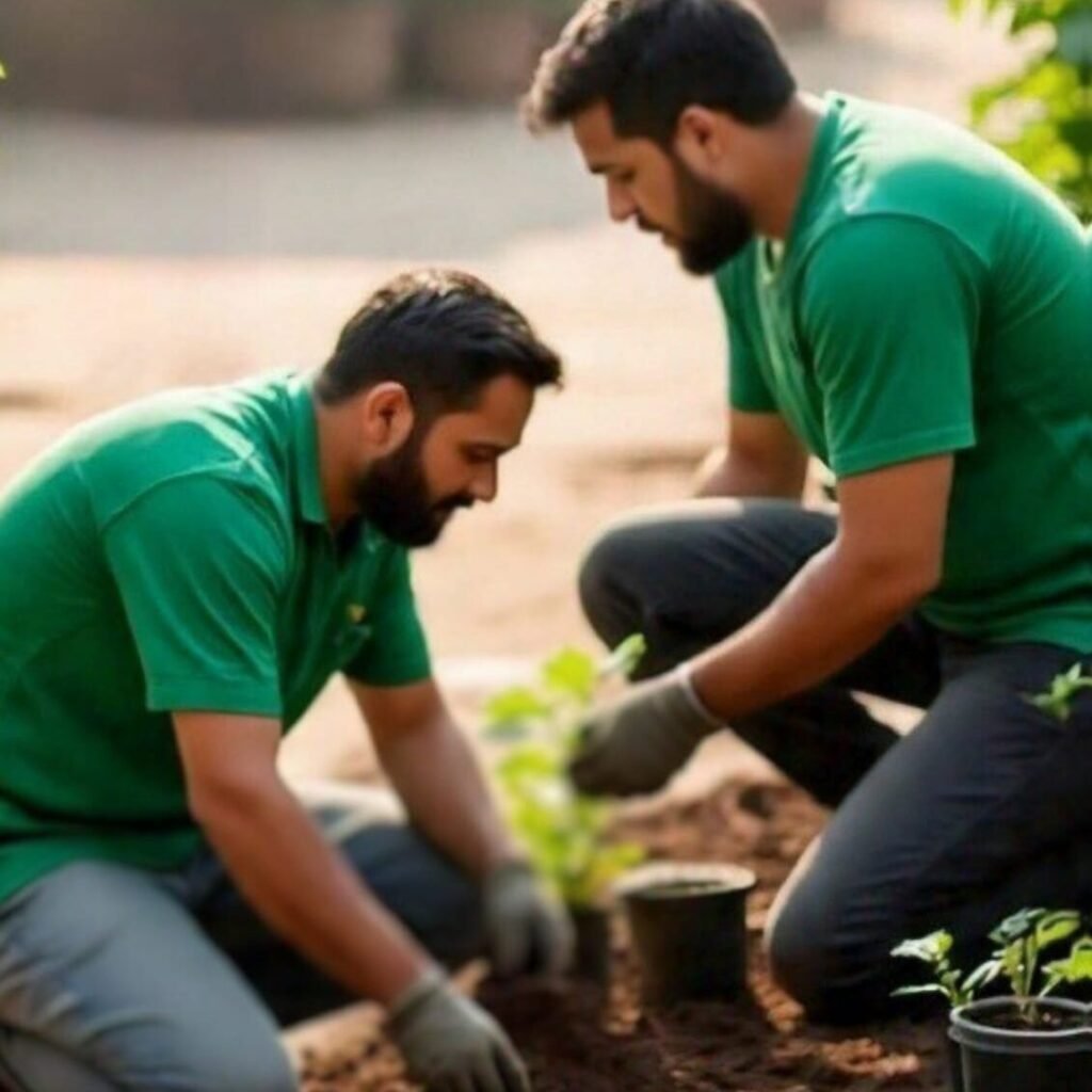 The Super Maali gardening team is delivering expert gardening services in Lucknow, working together in a lush urban garden to transform city spaces into vibrant green retreats.