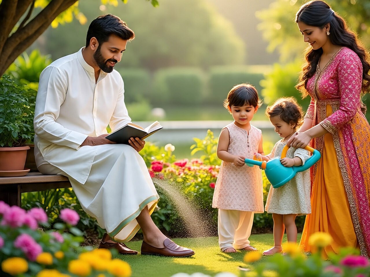 Family enjoying a beautifully styled garden with festive makeover services by Super Maali during Diwali celebrations