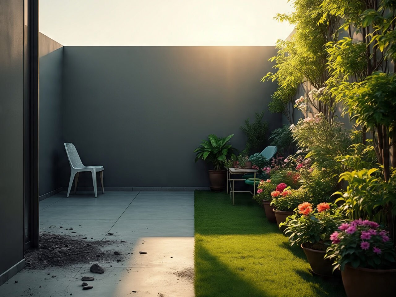 Transformed rooftop garden in Lucknow featuring lush greenery, planters, and seating by Super Maali gardening services