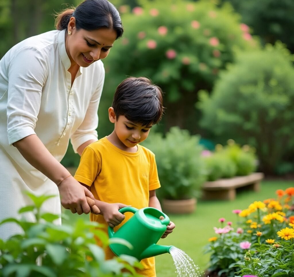 hild watering plants with a parent in a home garden, supported by Super Maali’s gardening services in Lucknow