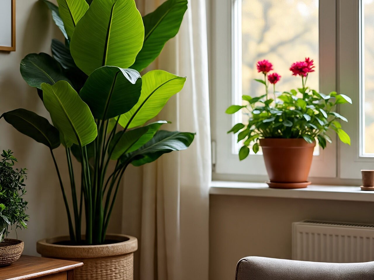 This cozy indoor scene highlights the beauty of 10 low-maintenance plants in an urban Indian home setting. A large leafy plant in a woven basket-style pot anchors the space near a sunlit window, while a terracotta pot with bright pink blossoms adds a pop of color on the windowsill. Soft natural light filters in, enhancing the calming ambiance and showcasing how easy-care greenery can elevate interior design. A small green plant on a wooden surface and a glimpse of a gray upholstered chair complete the inviting setup—perfect inspiration for urban gardening and houseplant decor during autumn or winter.