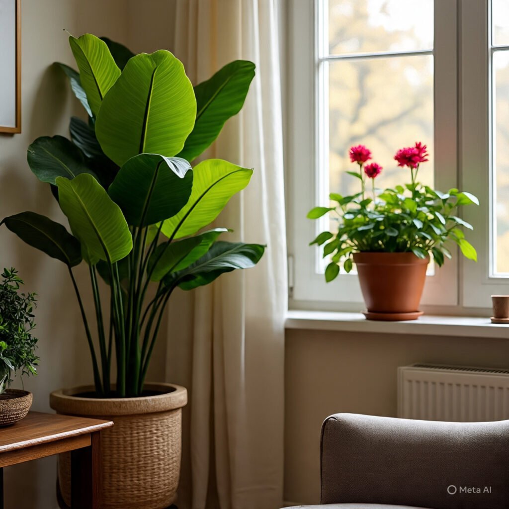 This cozy indoor gardening image showcases a beautiful arrangement of 10 low-maintenance plants on a windowsill, perfect for urban Indian homes. The scene features a mix of leafy greens and a spiky aloe vera, all thriving in stylish ceramic and terracotta pots. Natural light filters through the window, highlighting the plants’ vibrant textures and reinforcing their role in easy-care greenery. Outside, snow-covered trees contrast with the warmth inside, emphasizing how houseplants for winter can bring life and calm to interior spaces. Ideal for those embracing urban gardening and seeking low-effort plant care, this setup reflects the essence of Super Maali’s philosophy: greenery made simple.