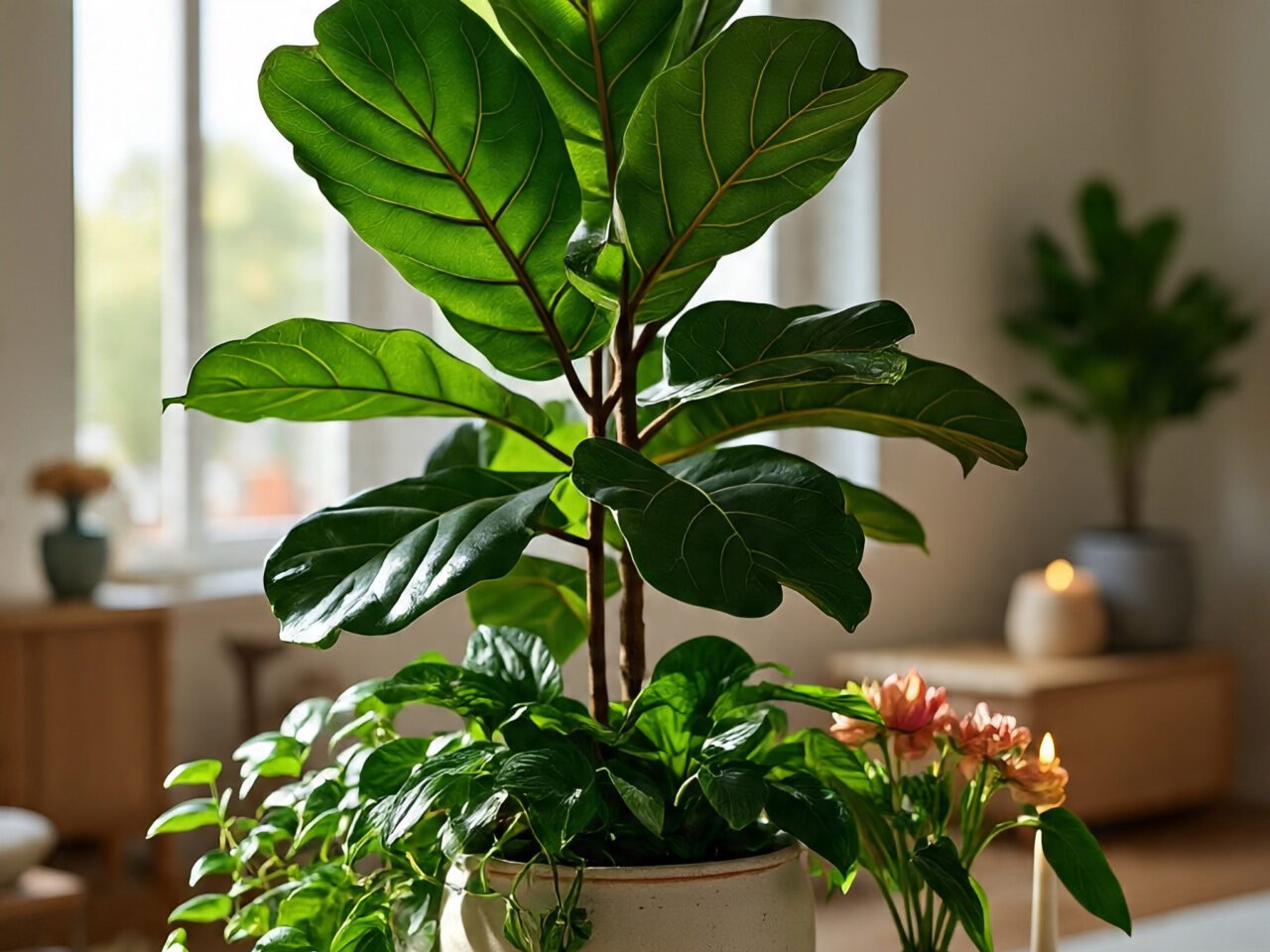 Indoor decor featuring 10 low-maintenance plants including a fiddle-leaf fig, pothos, and leafy greens arranged on a wooden table with candles and floral accents, creating a serene, nature-inspired home ambiance.