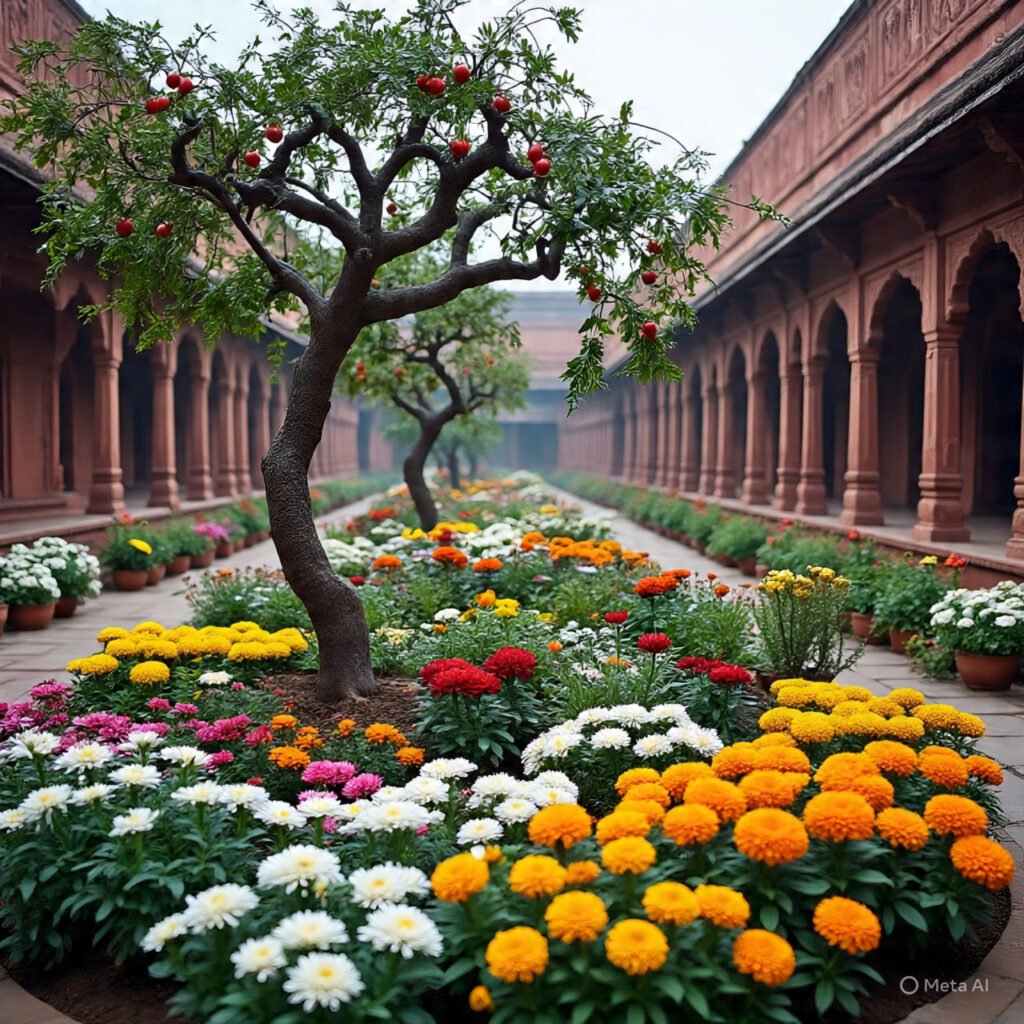Indian home garden with marigolds and green leafy vegetables thriving in winter.