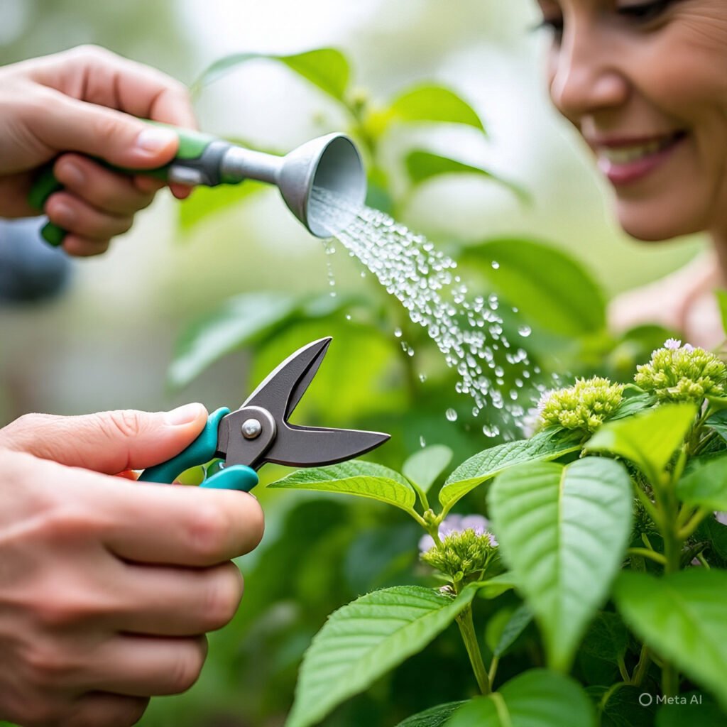 Close‑up of hands watering or pruning a healthy green plant — 10 Easy Hacks to Keep Your Plants Thriving All Year.
