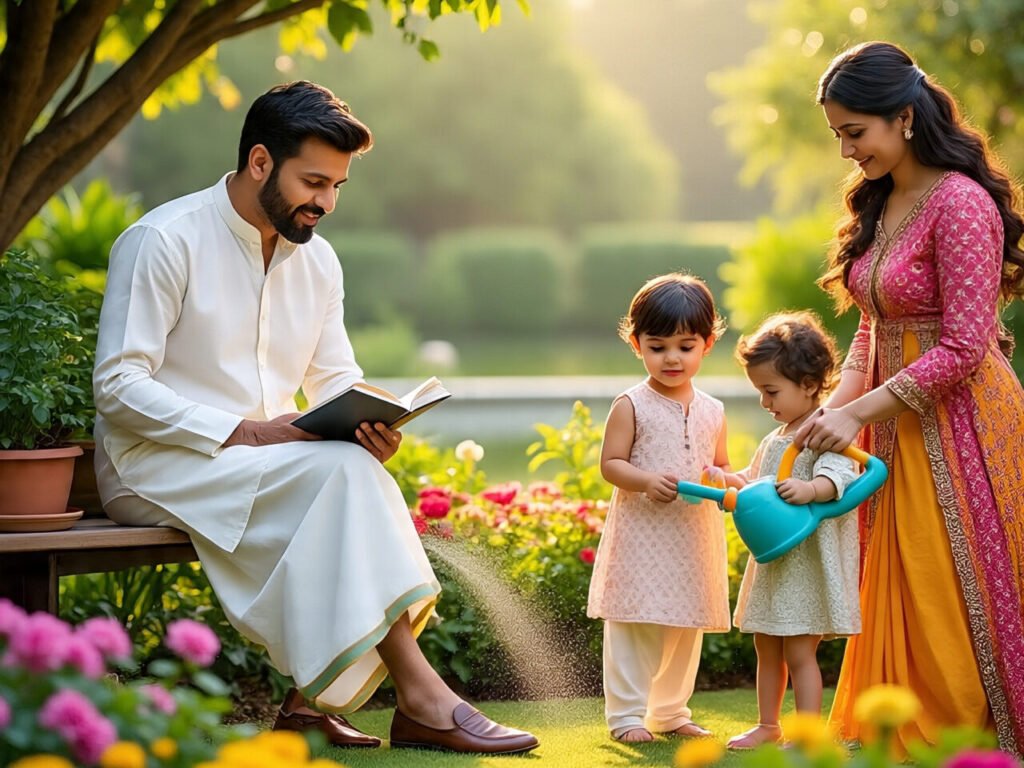 Family enjoying time together in a garden surrounded by plants and greenery.