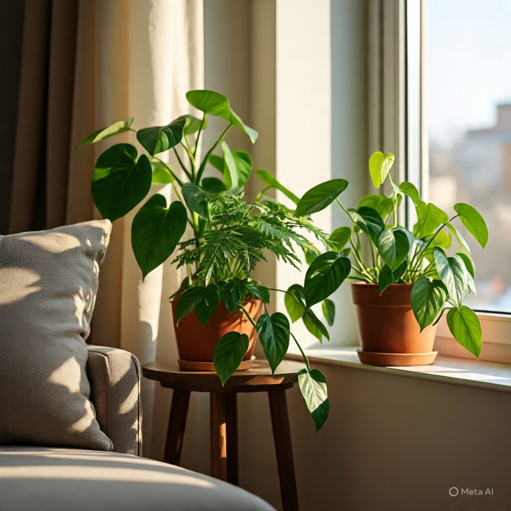 Cozy indoor room with houseplants near a south-facing window, soft winter light showing how to protect plants in winter.