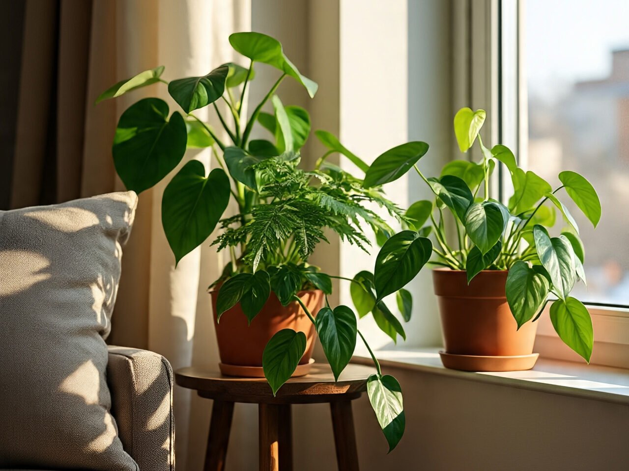 Cozy indoor room with houseplants near a south-facing window, soft winter light showing how to protect plants in winter.