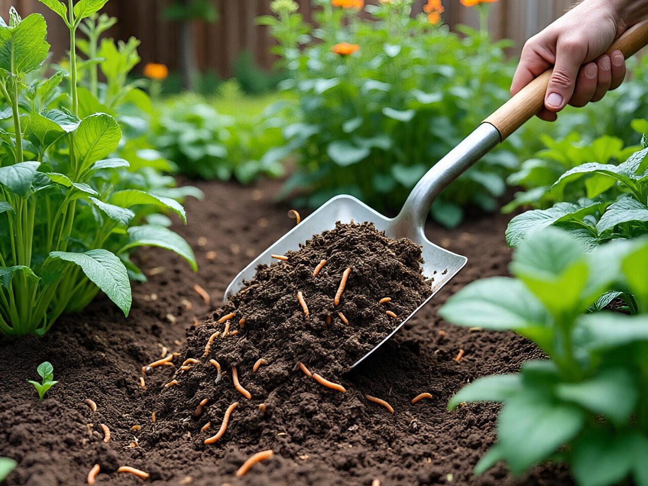 Compost made from kitchen waste being applied to garden soil to protect plants in winter.