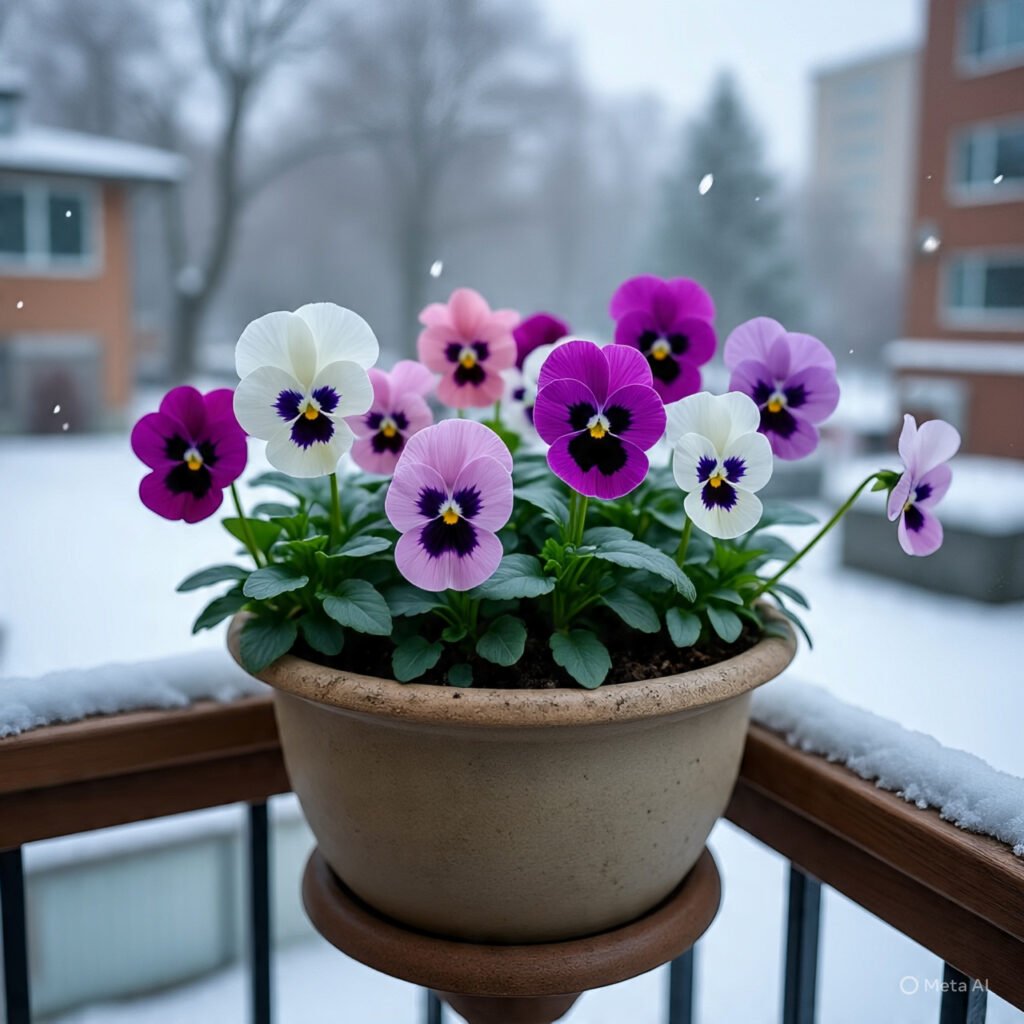 Vibrant pansies and cyclamen blooming in a balcony planter with frosted glass and snow outside, symbolizing gardening as winter therapy.