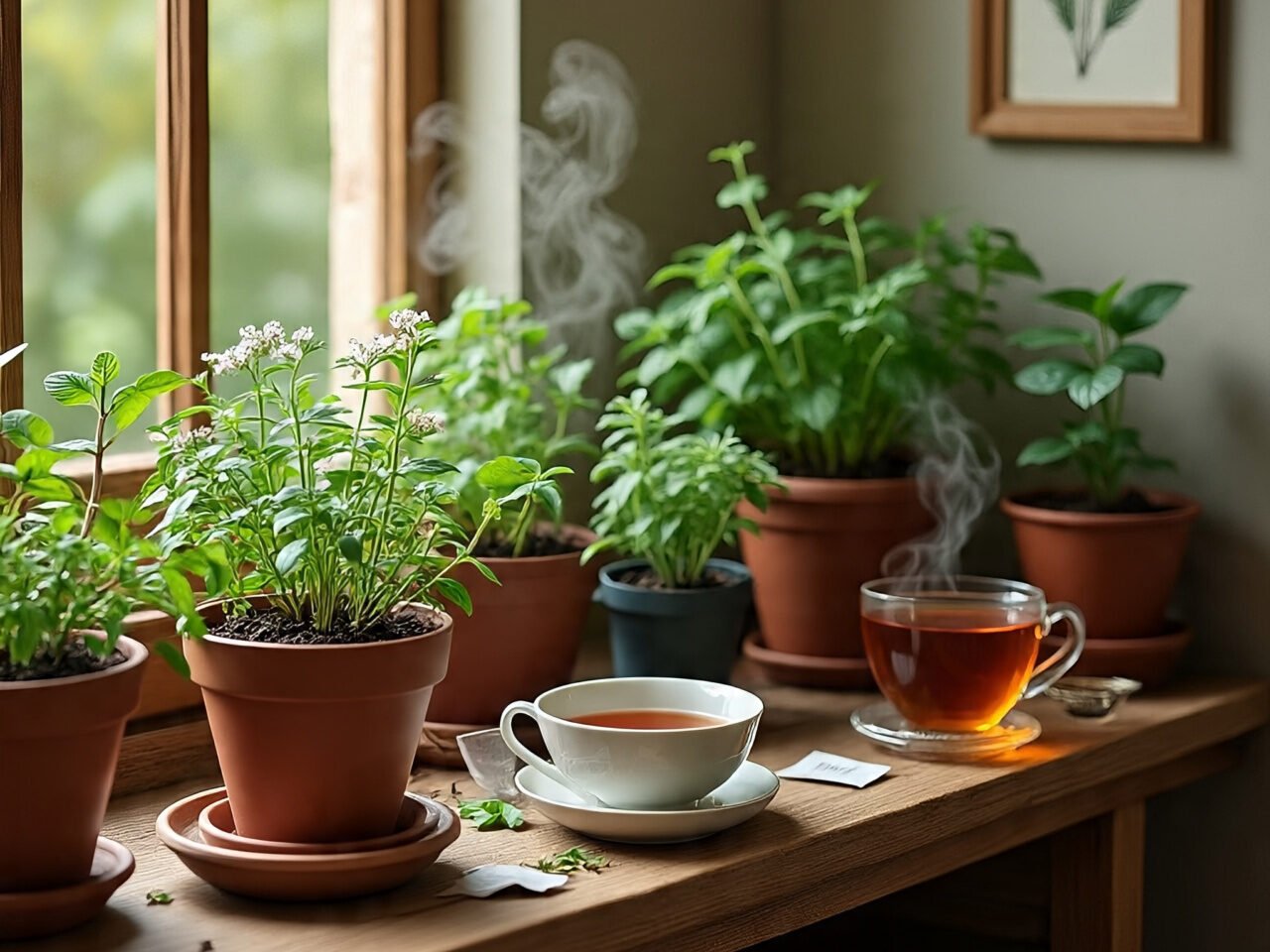 Cozy indoor garden corner with potted herbs and a steaming cup of tea, symbolizing gardening as winter therapy.