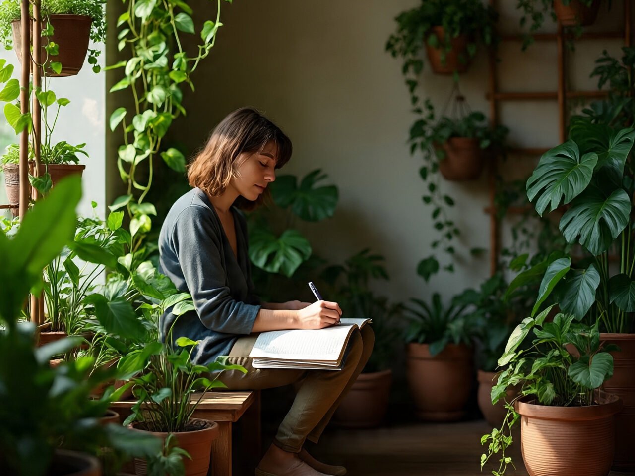 Person journaling or meditating near indoor plants, reflecting the calming benefits of gardening as winter therapy.