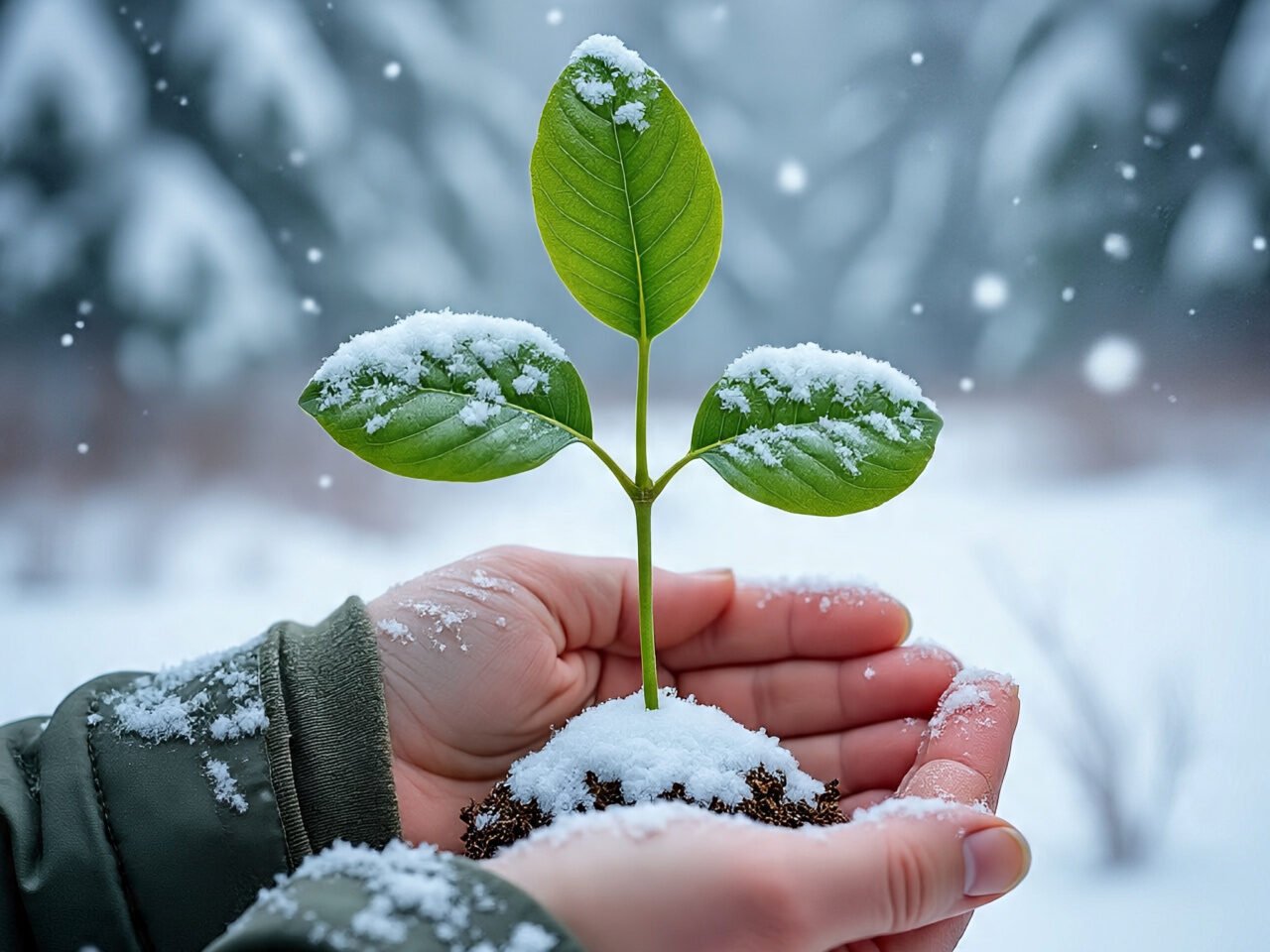 Hands holding a small green plant against a snowy backdrop, symbolizing hope and healing through gardening as winter therapy.