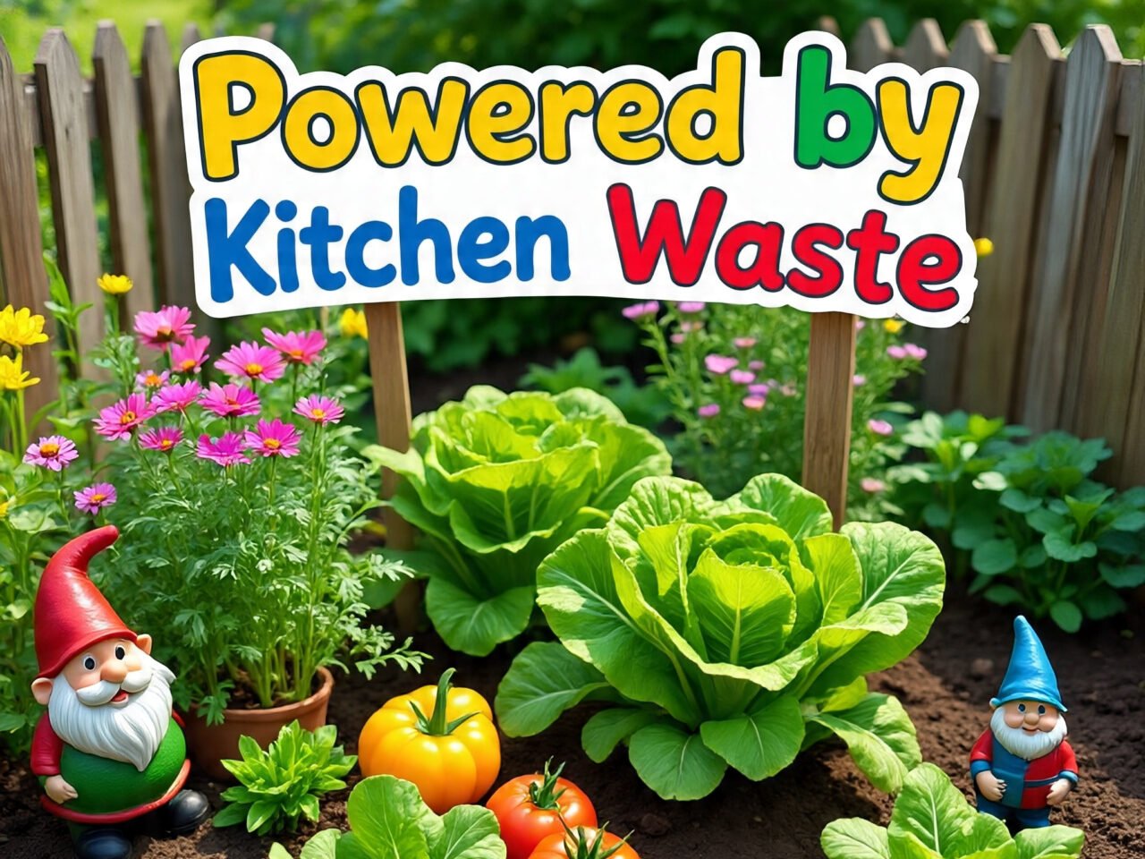 A vibrant garden full of vegetables and flowers, labeled ‘Powered by Kitchen Waste to Plant Food.