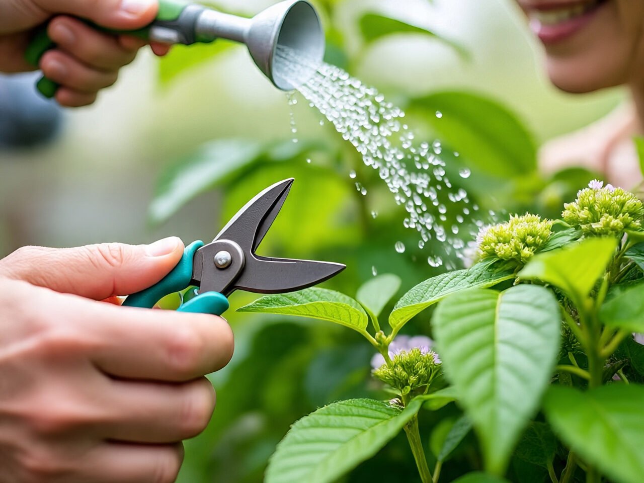 Close‑up of hands watering or pruning a healthy green plant — 10 Easy Hacks to Keep Your Plants Thriving All Year.