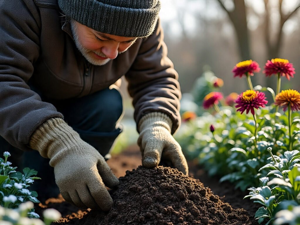 Winter composting tips showing a gardener adding compost made from kitchen waste to soil during winter