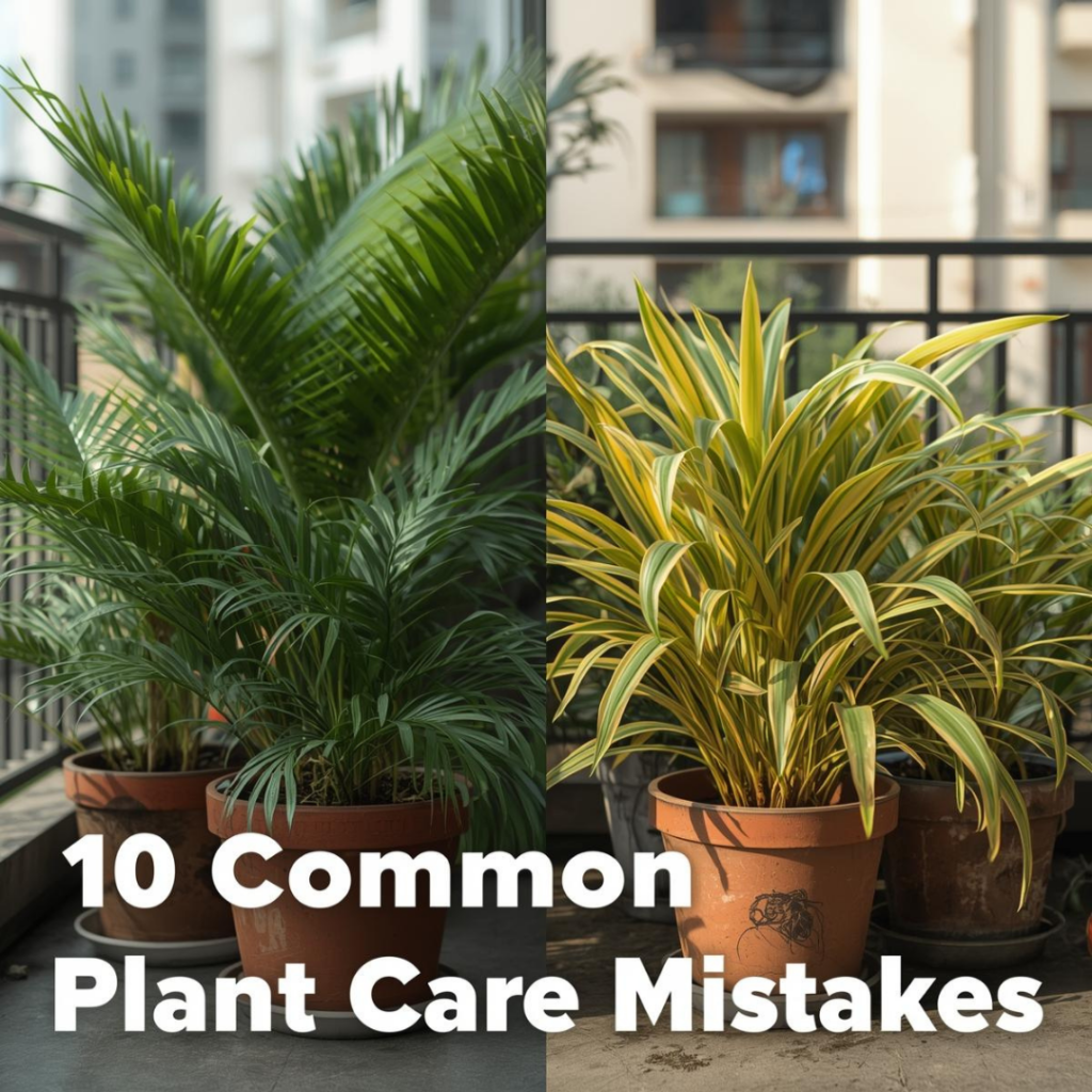 Urban home garden showing healthy and unhealthy plants with text overlay “10 Common Plant Care Mistakes” illustrating common plant care mistakes and correct plant care.