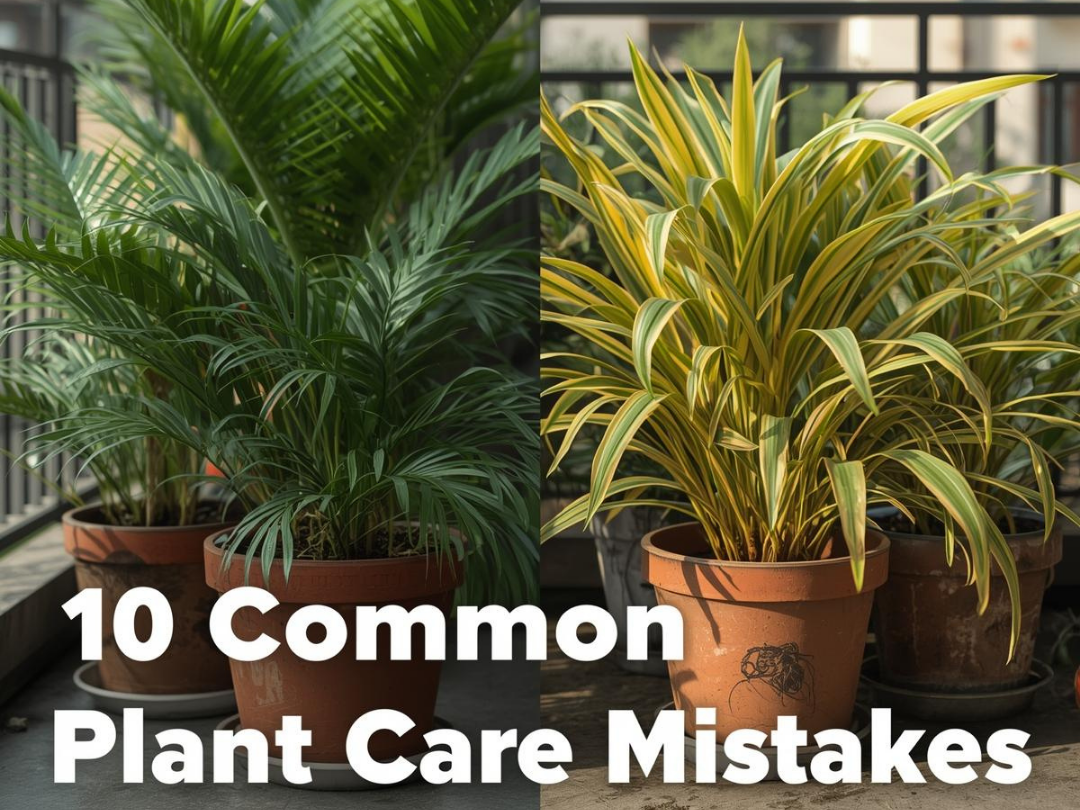 Urban home garden showing healthy and unhealthy plants with text overlay “10 Common Plant Care Mistakes” illustrating common plant care mistakes and correct plant care.