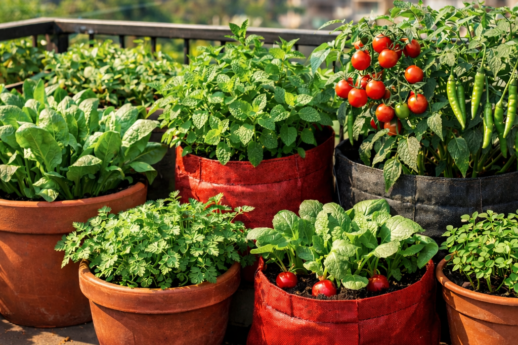 Urban balcony garden with spinach, mint, tomatoes, and chilies in pots – easy vegetables to grow at home for beginners.
