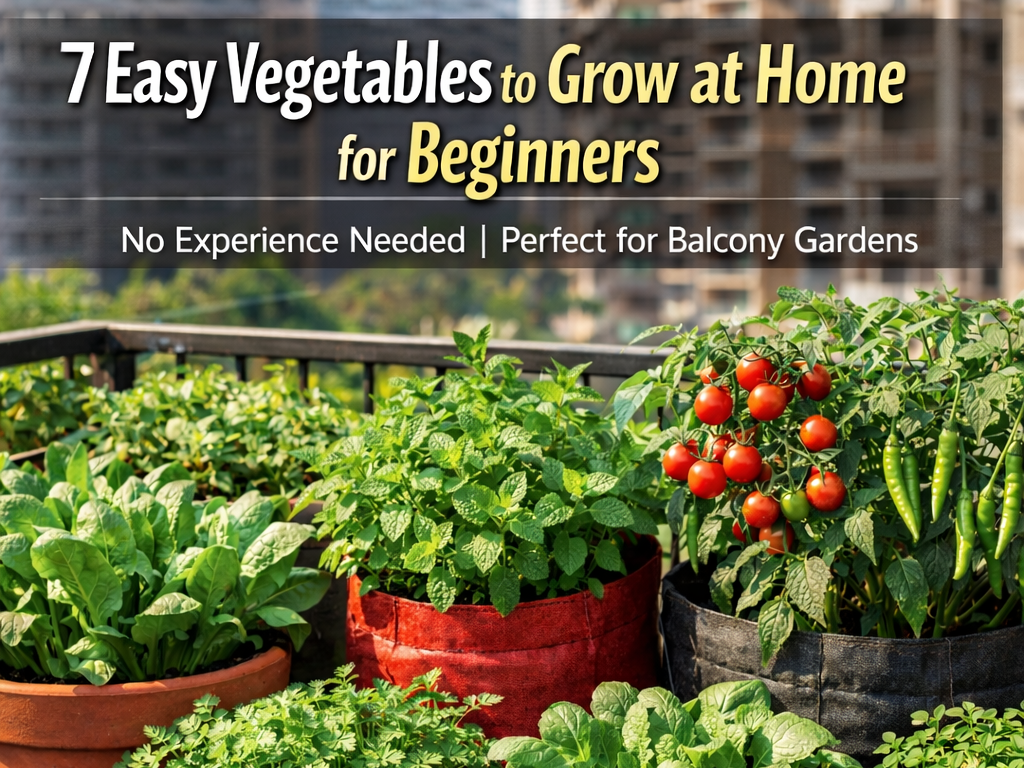 Urban balcony garden with spinach, mint, tomatoes, and chilies in pots – easy vegetables to grow at home for beginners.