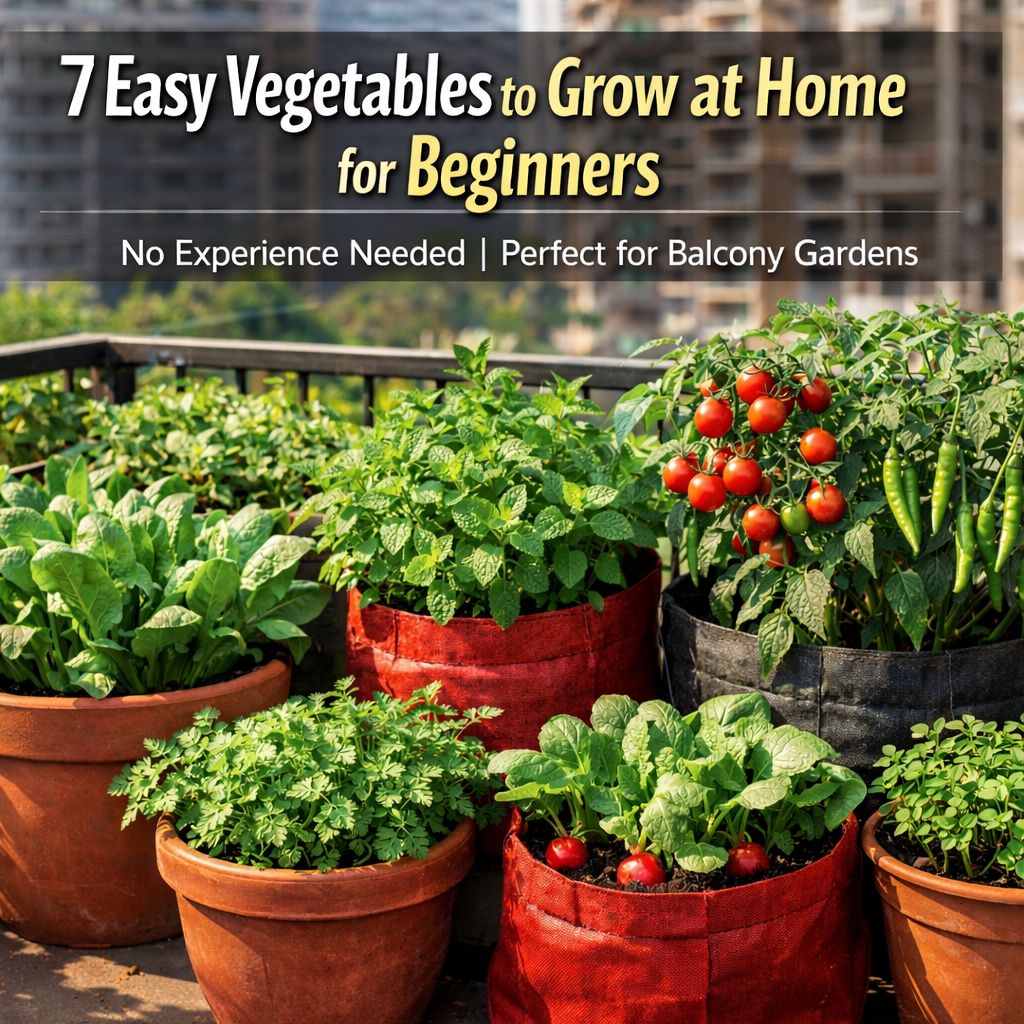 Urban balcony garden with spinach, mint, tomatoes, and chilies in pots – easy vegetables to grow at home for beginners.