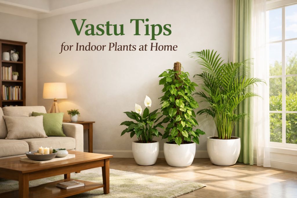 Modern Indian living room with Vastu tips for indoor plants at home featuring money plant, areca palm, and peace lily in the North-East corner.