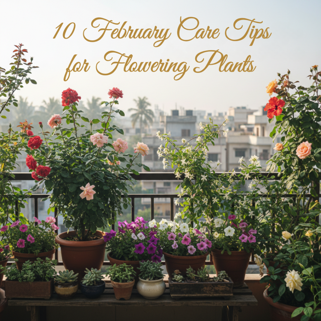 10 February care tips for flowering plants showing healthy blooming plants in an Indian home garden