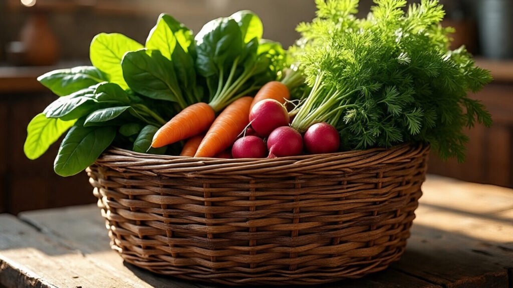 A basket of fresh vegetables being handed to a neighbor, symbolizing community sharing in 10 Gardening Resolutions