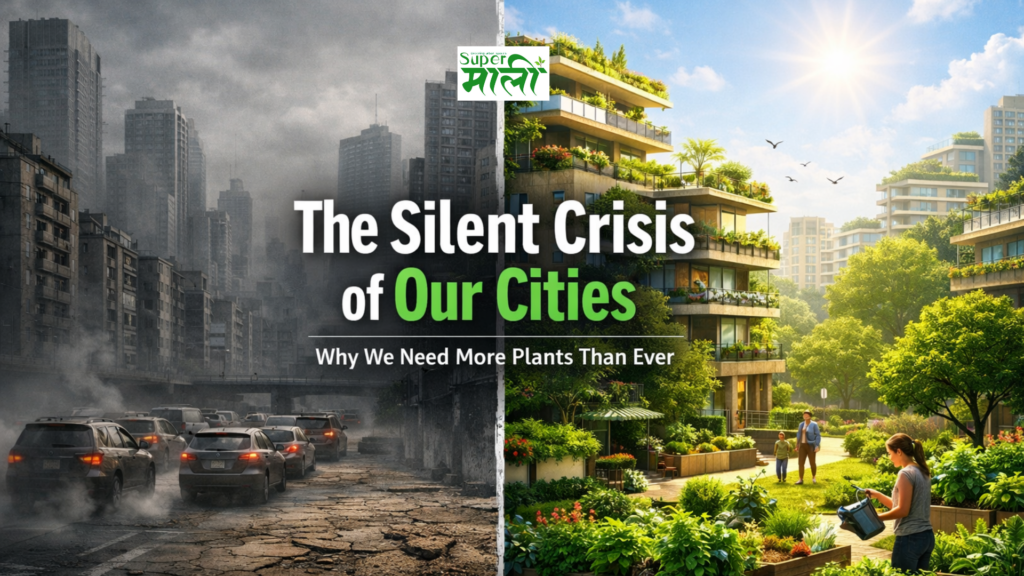 Urban gardening concept showing a split city image with a polluted concrete urban area on one side and a green city with trees, parks, and balcony plants on the other.