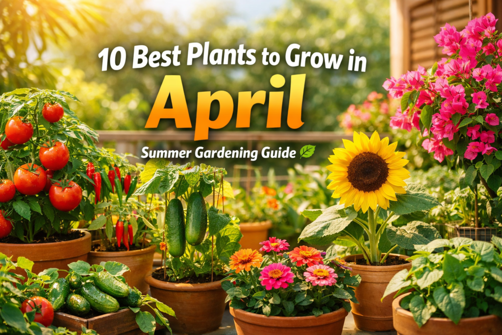 Best plants to grow in April in India displayed in a vibrant home garden with blooming flowers and healthy vegetables in balcony and terrace setup 🌿🌸