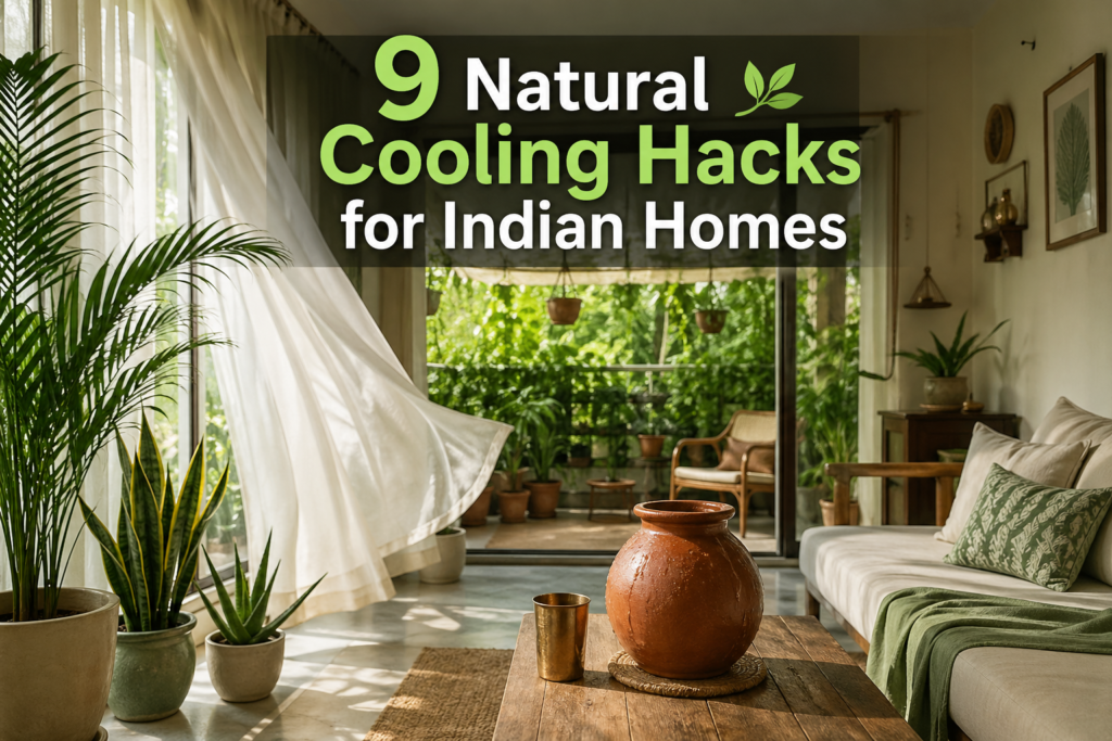 Bright Indian home interior with indoor plants and natural sunlight showing cooling hacks for Indian homes