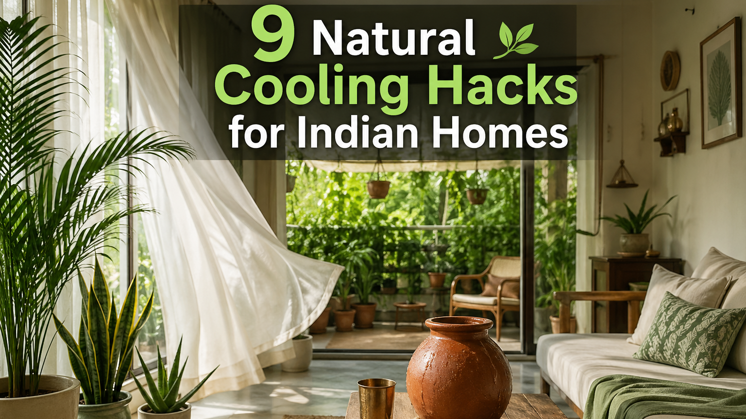 Bright Indian home interior with indoor plants and natural sunlight showing cooling hacks for Indian homes