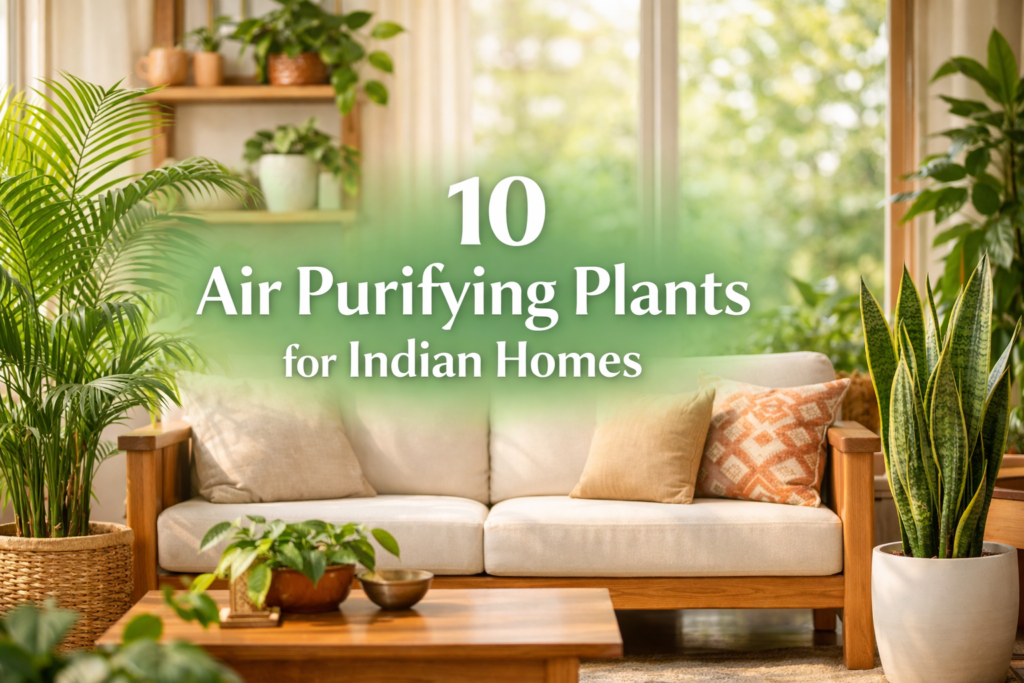 Air purifying plants in Indian homes placed in a bright modern living room with areca palm, snake plant, and money plant