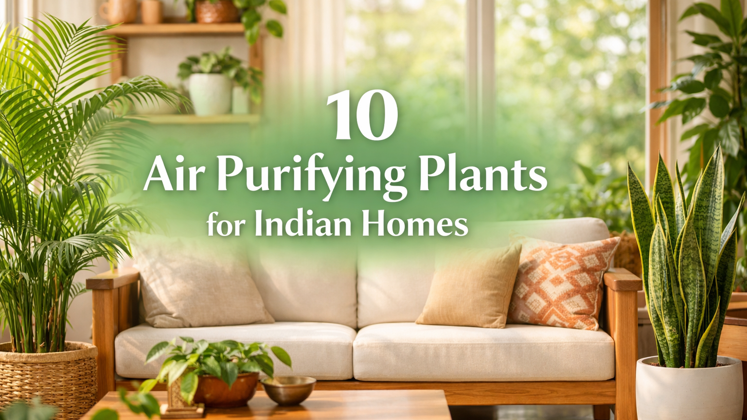Air purifying plants in Indian homes placed in a bright modern living room with areca palm, snake plant, and money plant