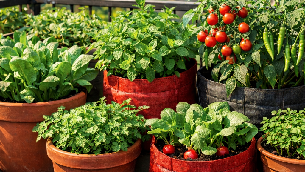 Urban balcony garden with spinach, mint, tomatoes, and chilies in pots – easy vegetables to grow at home for beginners.