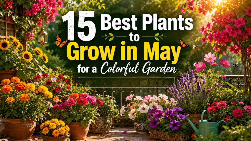 Colorful summer garden with blooming flowers like sunflower, marigold, zinnia, and petunia featured in the blog ‘15 Best Plants to Grow in May for a Colorful Garden