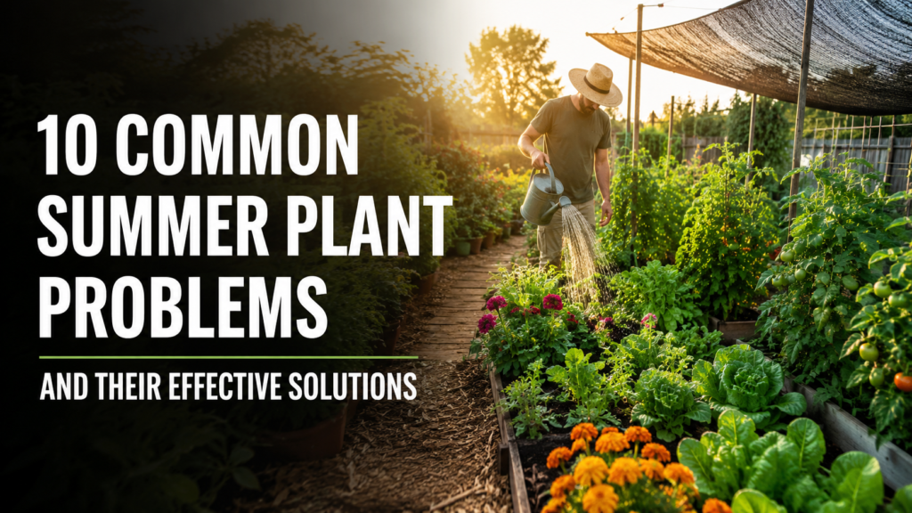 10 Common Summer Plant Problems and their solutions showcased in a healthy home garden with thriving plants, mulch, shade protection, and proper summer plant care.
