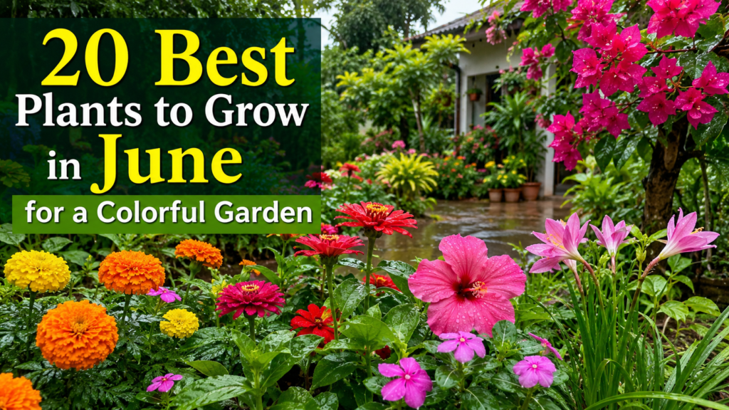 est Plants to Grow in June showcased in a colorful Indian home garden featuring blooming marigolds, zinnias, hibiscus, vinca, rain lilies, and bougainvillea surrounded by lush green foliage after monsoon rainfall.