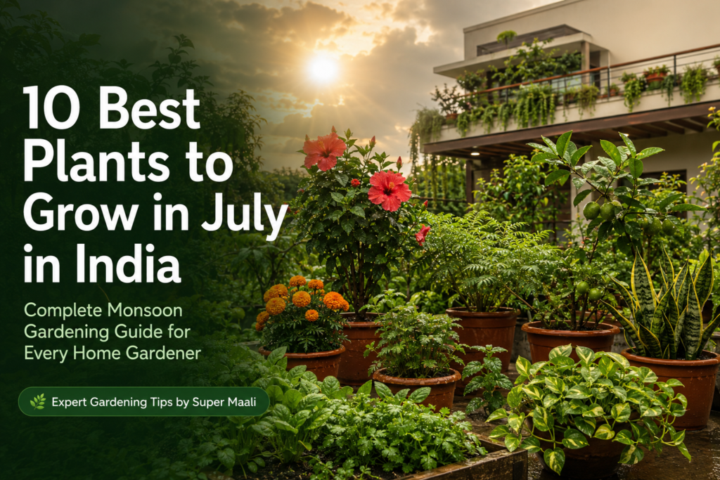 Best Plants to Grow in July in India – lush monsoon home garden featuring hibiscus, marigold, tulsi, spinach, coriander, lemon, guava, money plant, snake plant, and curry leaf plant.