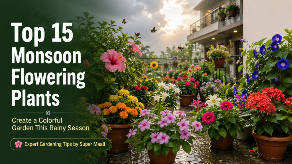 Top 15 Monsoon Flowering Plants for a Colorful Garden featuring Hibiscus, Marigold, Rain Lily, Jasmine, Ixora, Zinnia, and other vibrant flowers blooming in an Indian home garden during the monsoon season.