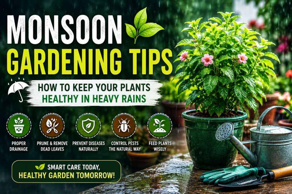 Monsoon Gardening Tips: A lush Indian home garden during heavy rains featuring healthy flowering plants, green foliage, gardening tools, and rain droplets, showcasing expert tips to keep plants healthy during the monsoon season