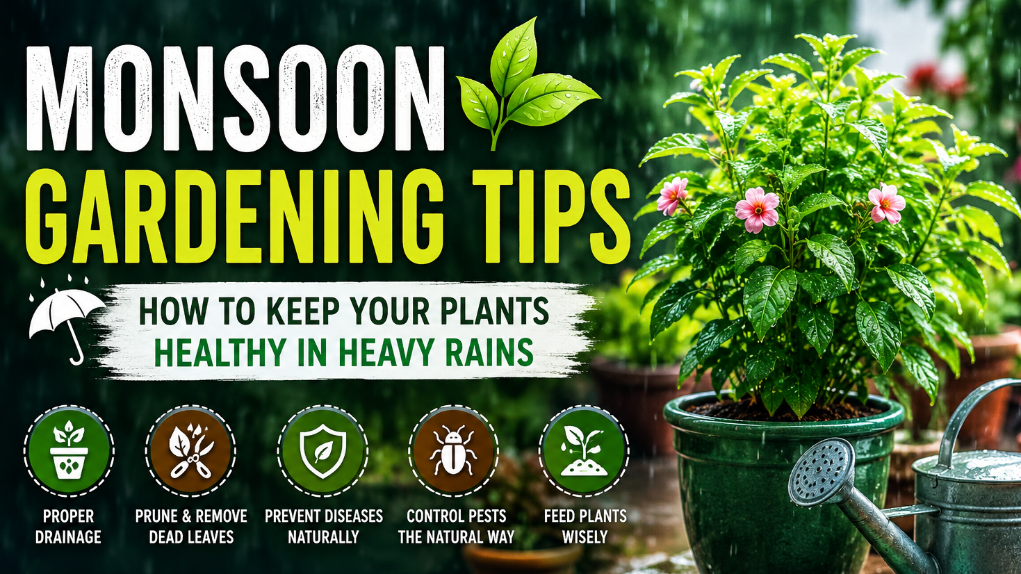 Monsoon Gardening Tips: A lush Indian home garden during heavy rains featuring healthy flowering plants, green foliage, gardening tools, and rain droplets, showcasing expert tips to keep plants healthy during the monsoon season