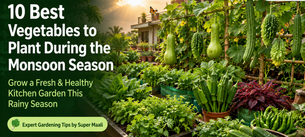 10 Best Vegetables to Plant During the Monsoon Season – lush Indian kitchen garden with spinach, coriander, fenugreek, okra, bottle gourd, bitter gourd, ridge gourd, cucumber, green chilli, and amaranthus growing during the rainy season.