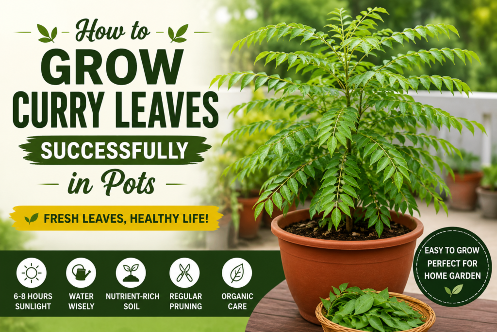 Healthy curry leaf plant growing in a terracotta pot with the title "How to Grow Curry Leaves Successfully in Pots", showcasing a lush home garden and practical container gardening tips.