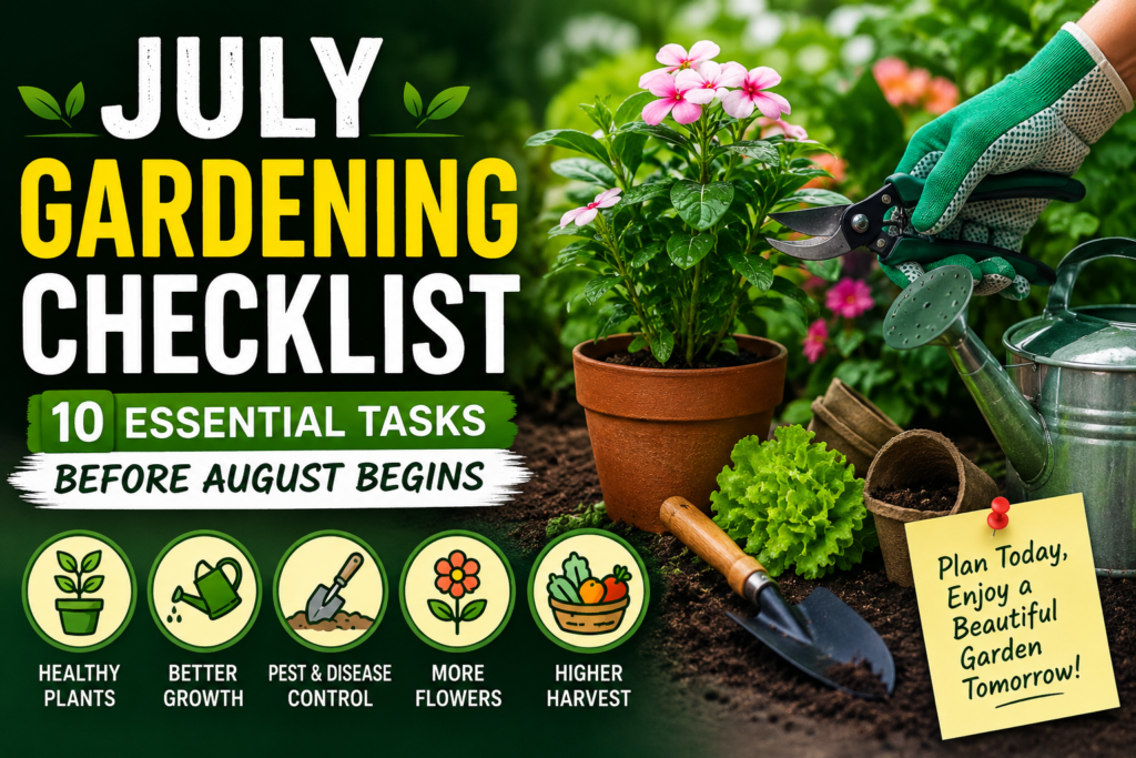 July Gardening Checklist featured image showing a lush Indian home garden during the monsoon with a gardener pruning healthy plants, watering can, garden tools, flowering plants, leafy vegetables, and the text "July Gardening Checklist: 10 Essential Tasks Before August Begins" for seasonal gardening tips.