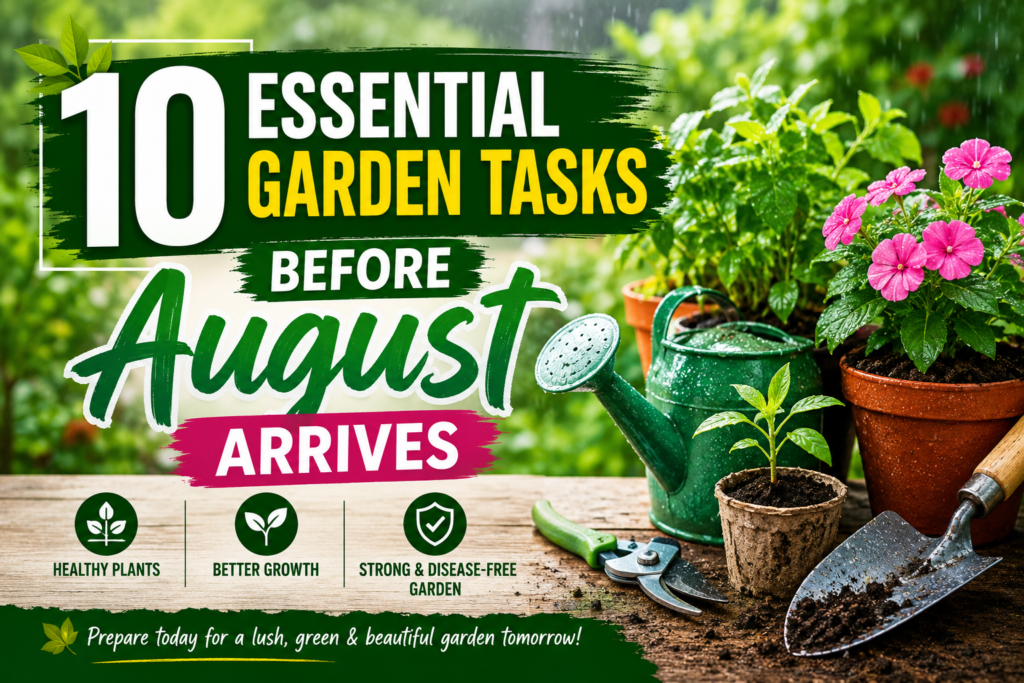 Feature image showing a lush monsoon home garden with flowering plants, potted greenery, a watering can, pruning shears, and gardening tools. Bold title reads '10 Essential Garden Tasks Before August Arrives,' highlighting seasonal gardening tips for healthy plant growth and garden maintenance.